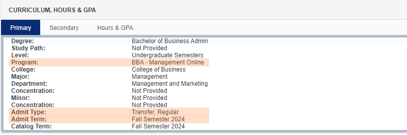 start term, student type, program type