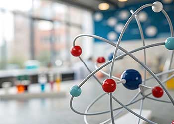 Model of an atom with orbiting electrons displayed in a physics laboratory or classroom. The image represents key concepts in physics, including atomic structure, matter, energy, and scientific inquiry, highlighting foundational principles studied in physics courses.