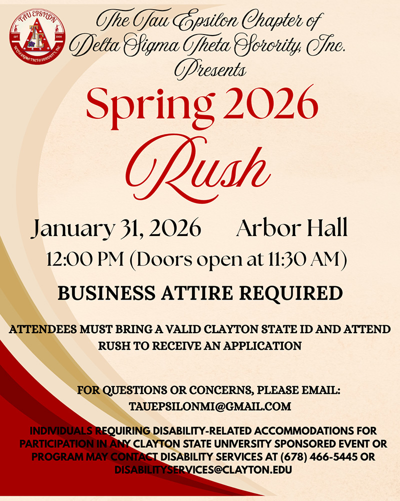 Flyer for Delta Sigma Theta's Tau Epsilon Chapter's Spring 2026 Rush. Includes swirls of their primary colors, crimson, cream, and gold. Information below.