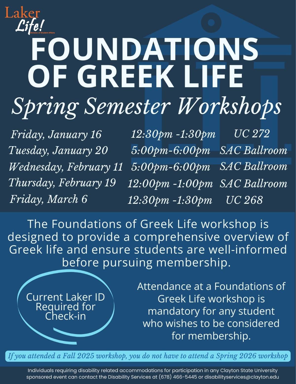 Flyer for Foundations of Greek Life Workshop. Includes a graphic of the Georgia State Building. Information below. 