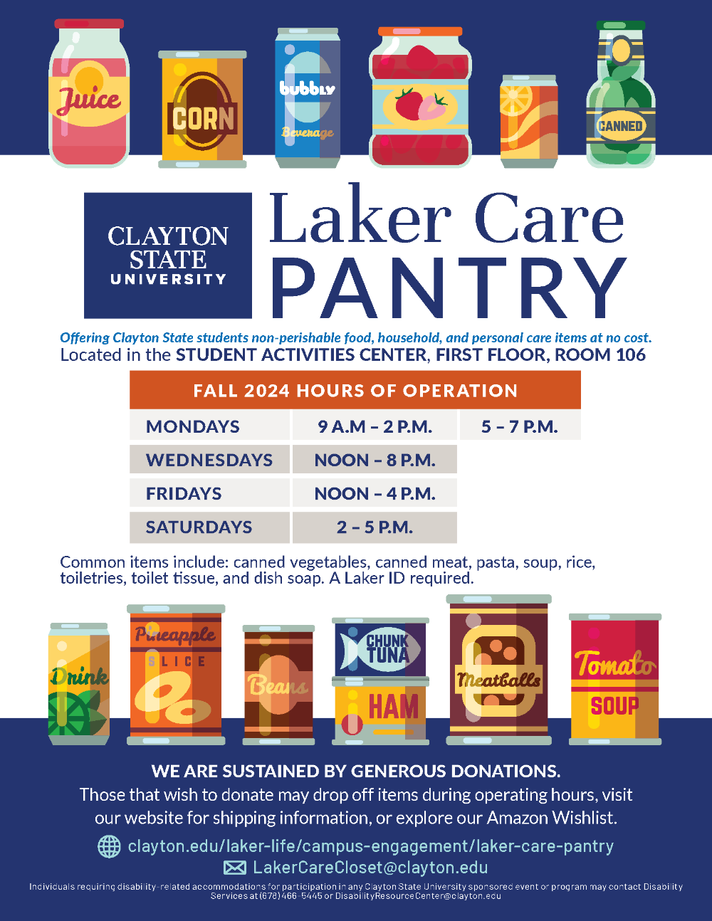 Laker Care Pantry flyer, includes several images of can goods, and various products. Hours information below.