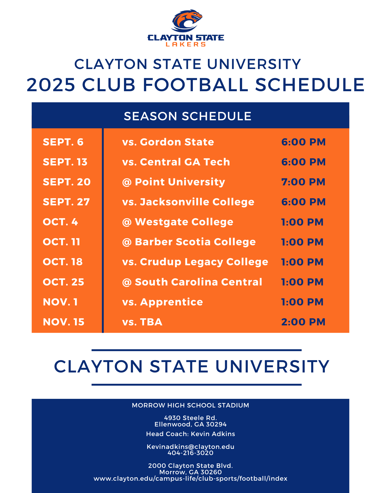 Schedule for 2025 Club Football Schedule