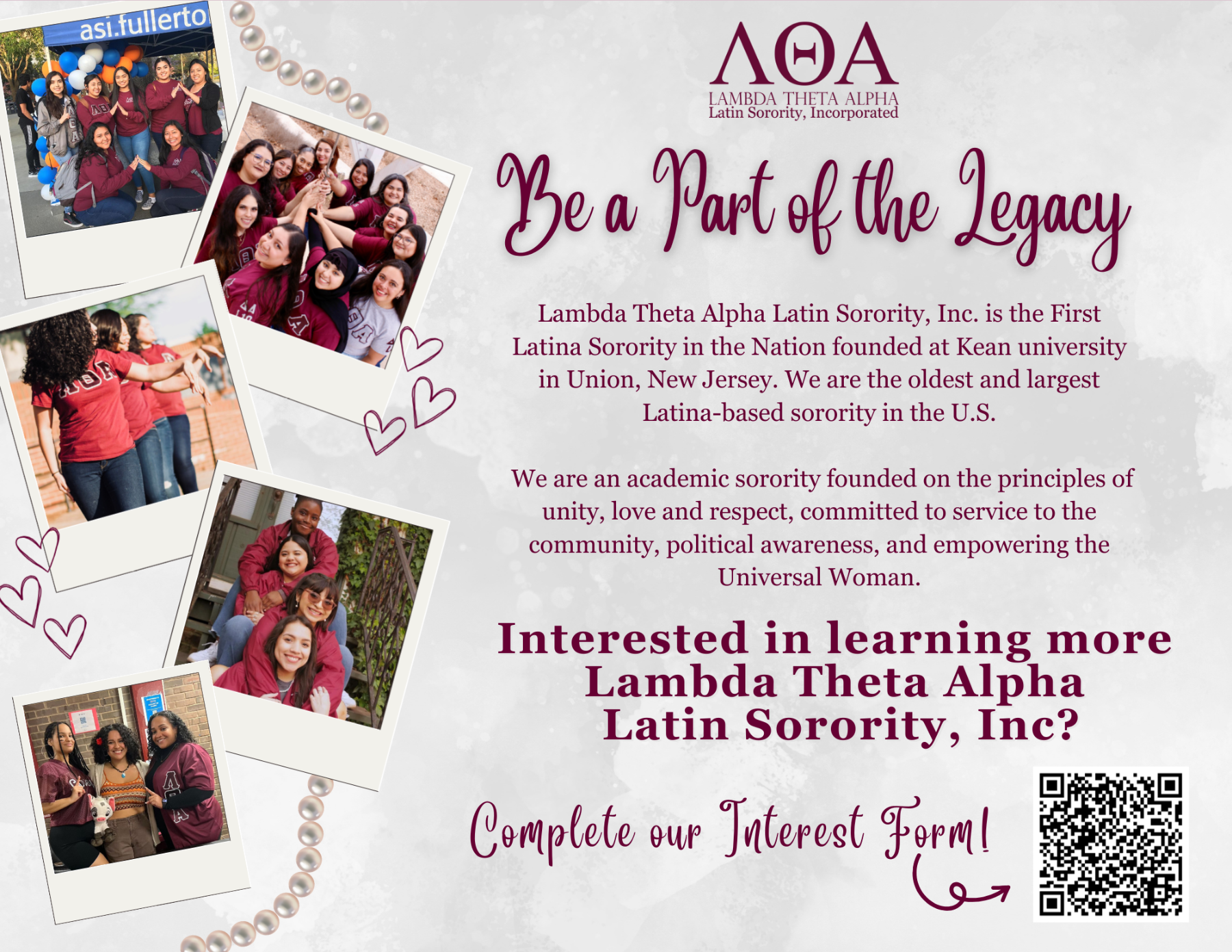 Postcard for Lambda Theta Alpha Latin Sorority, Inc. Includes images of several of the sisters from diverse backgrounds wearing Lambda Theta Alpha paraphenalia. Information below