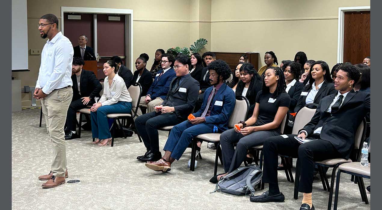 Lakers students prepare to deliver their elevator pitches to the contest's panel of judges